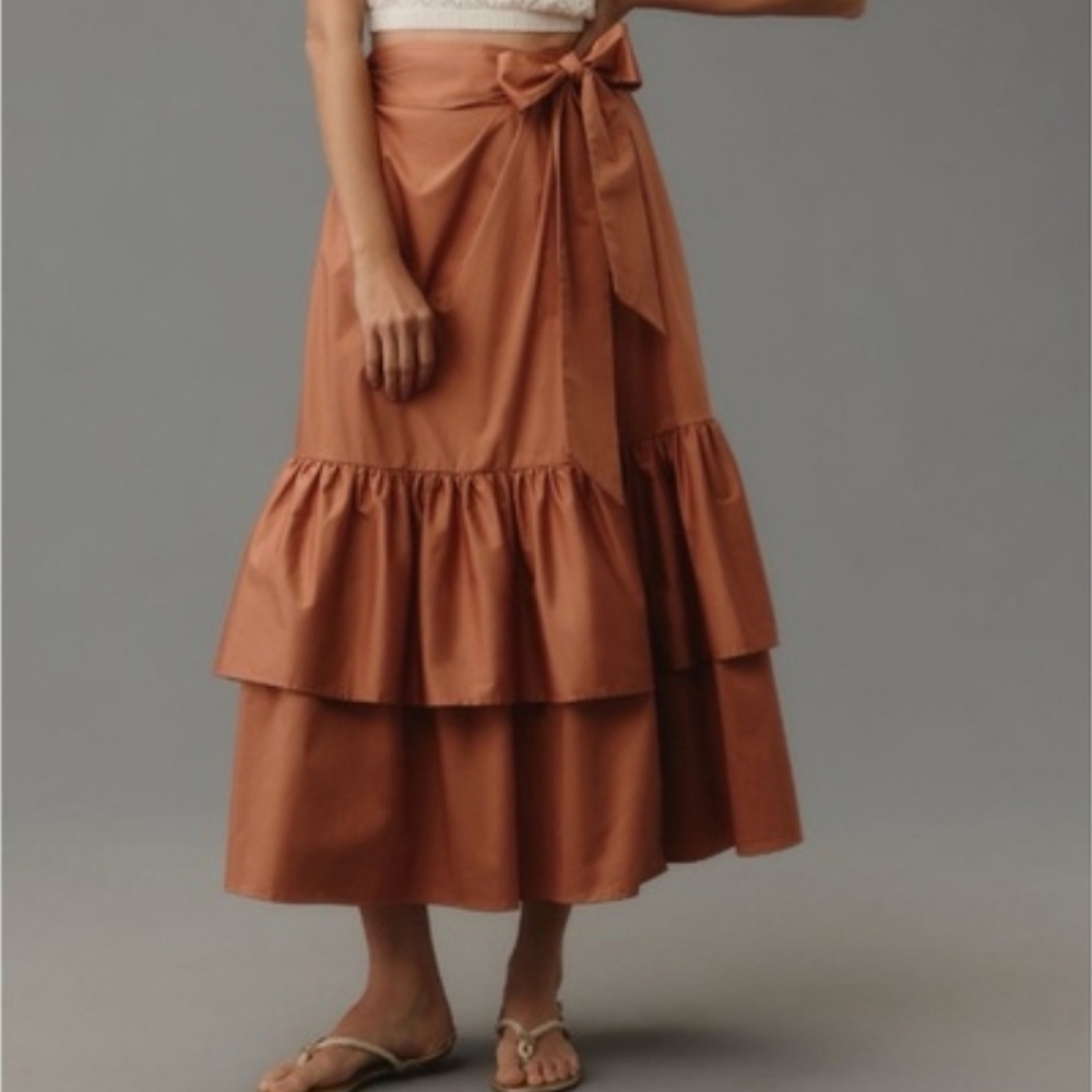 Anthropologie Hutch Wrap Tiered Bow Tie Midi Skirt Copper Tan Women's 2
